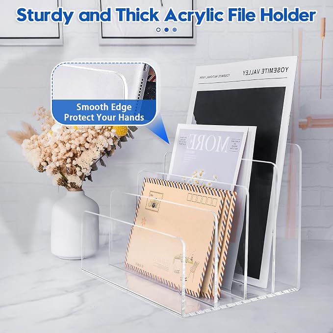 4 Section Acrylic File Organizer, Sturdy File Folder Holder Sorter, Office - Image 2