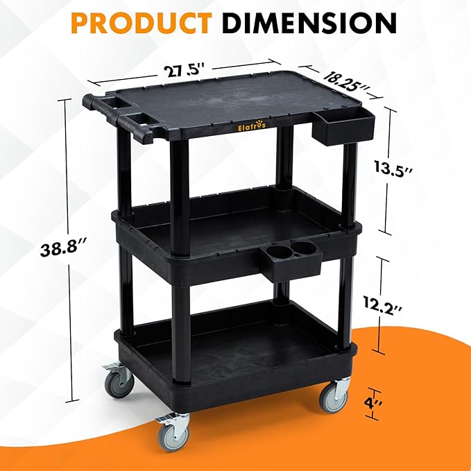 ELAFROS 3-Tier Flat Top & Deep Tub Rolling Utility Cart, 27.5 x 18.25 in | 330 - Image 2