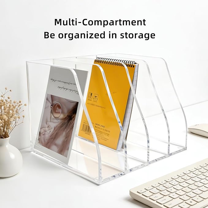 Acrylic Magazine File Holder, 4 Vertical Compartments Desk Document Sorter - Image 8