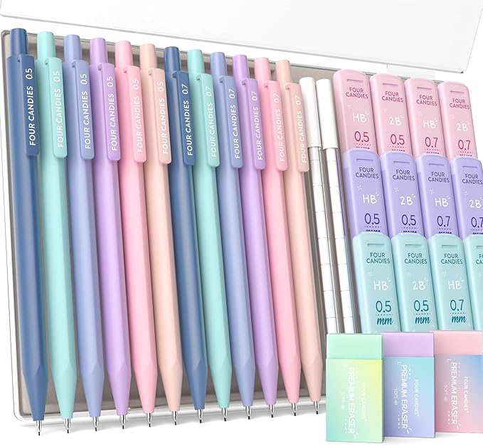 Four Candies Cute Mechanical Pencil Set, 0.5mm & 0.7mm Point, 12-Count Pack | by FourCandies