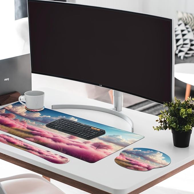 Britimes Dreamy Clouds Pink Plants Keyboard Mouse Pad Set 4in1 Large - Image 7