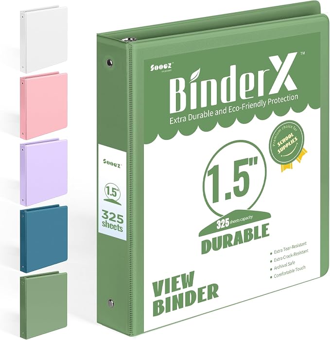 BinderX 1.5 Ring Binder, Sooez Round Ring 1.5 Inch Binders, Fits 325 Sheets of by Sooez