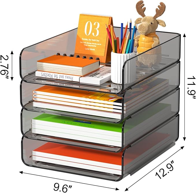 FANXIYQ 4-Tier Acrylic Paper Tray Organizer, Smoked Brown Stackable Desk File - Image 3