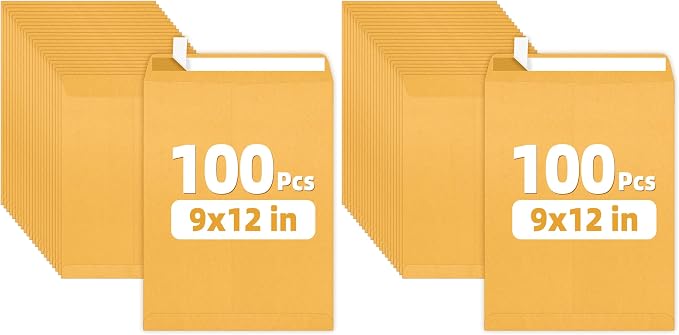 SUNEE 9 x12 Manilla Envelopes, 28lb Brown Kraft, Ultra Strong Quick-Seal by SUNEE