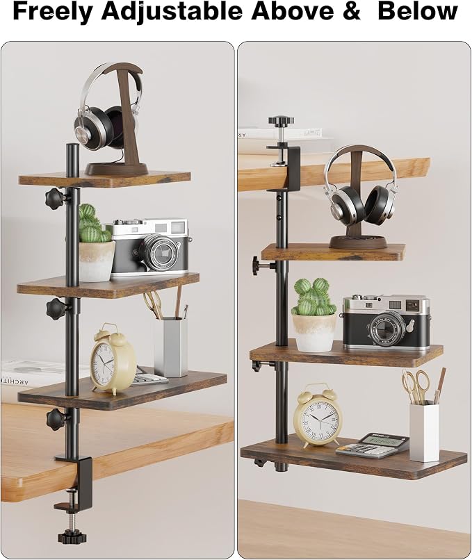 3 Tiers Clamp On Desk Shelf, 360° Angle Adjustable Desktop Shelf Organizer - Image 7