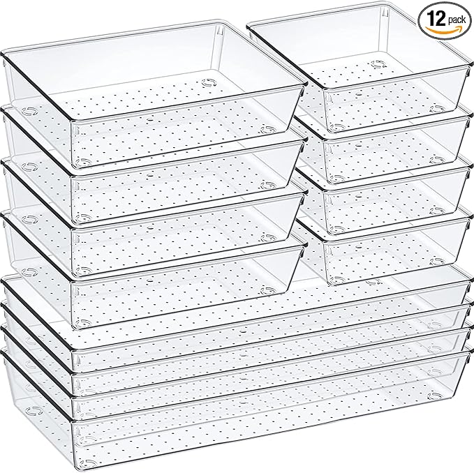 12 Pack Clear Plastic Drawer Organizer Set, Acrylic Non Slip Non Cracking by Criusia