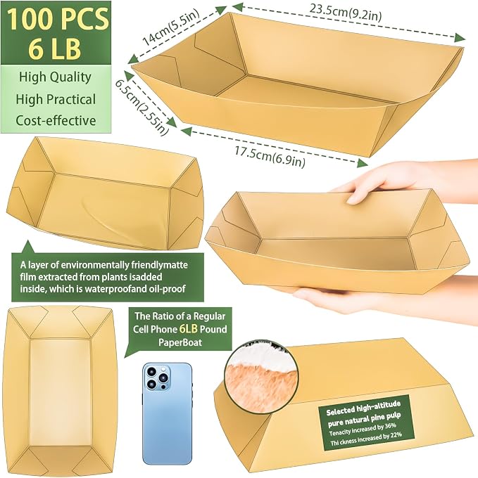 100 Pack Extra Large 6LB Paper Food Boats Trays Disposable Paper Boat Plate - Image 2