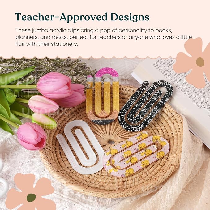 YOPPIX 12 Pcs Jumbo Teacher Acrylic Paper Clips Teacher Appreciation Cute Penci - Image 3
