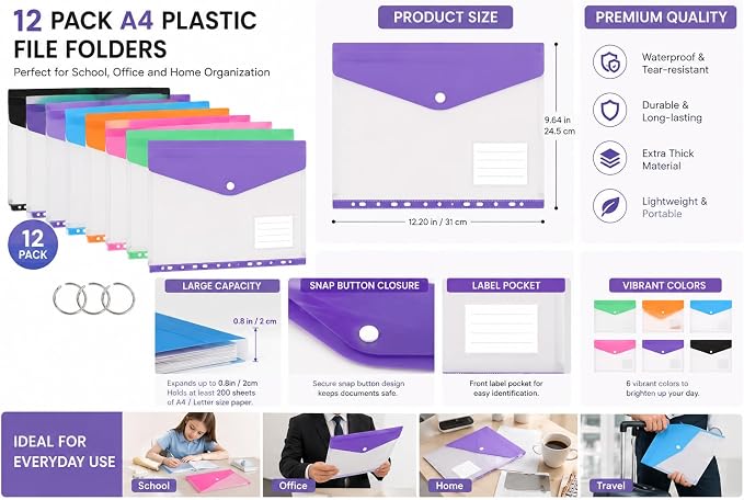 Clear Plastic Document Envelopes, 12 Pack, 6 Colors, Button Closure, - Image 2