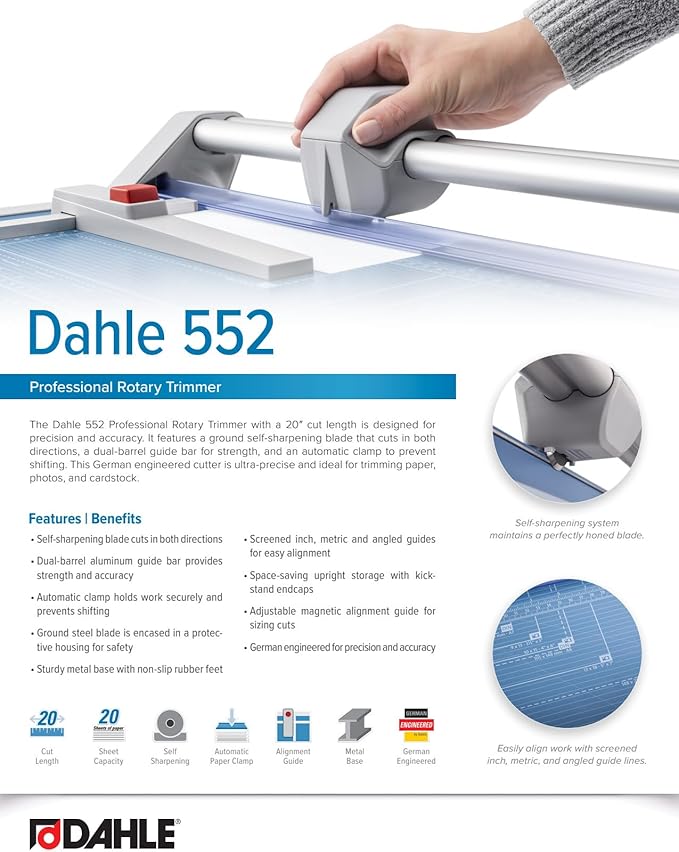 Dahle 552 Professional Rotary Trimmer, 20 Sheet Capacity, Self-Sharpening - Image 6