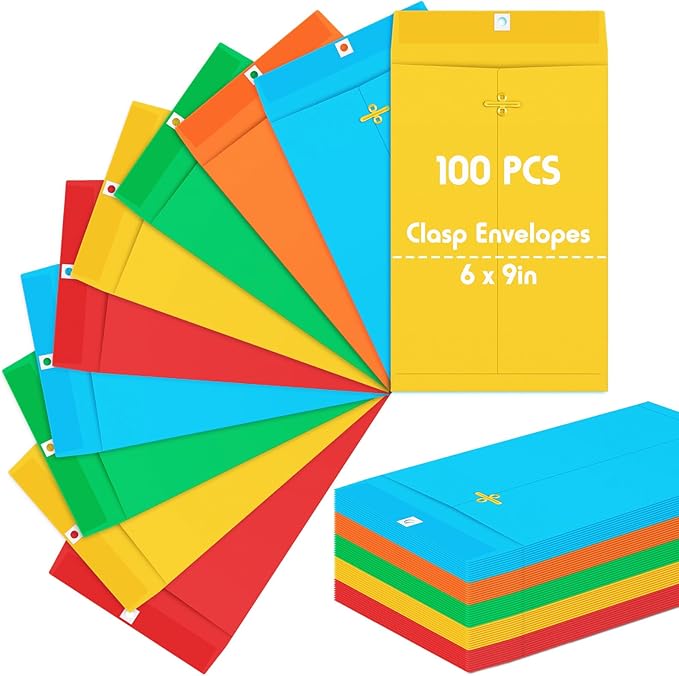 Geyee 100 Pcs Clasp Manilla Envelopes 6 x 9 Inch Gummed Colored Envelopes by Geyee