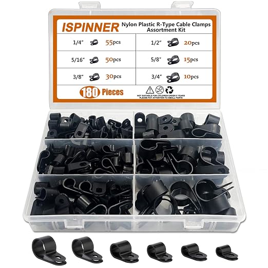 ISPINNER 180pcs Nylon Plastic R-Type Cable Clamps, 1/4" 5/16" 3/8" 1/2" 5/8" by ISPINNER