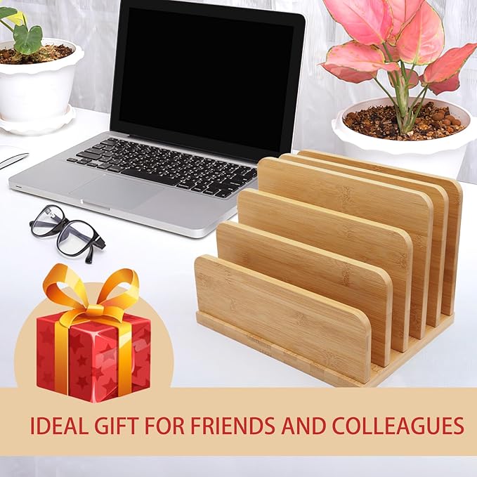 Desk File Mail Organizer Countertop, 5 Slots Bamboo Folder Sorter Holder - Image 6