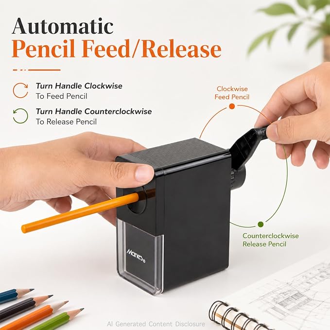 Marie's Long Point Manual Pencil Sharpener, 5-Level Adjustable Hand Crank - Image 2