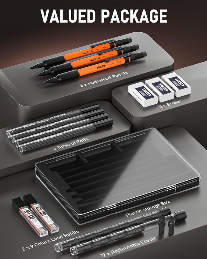 Nicpro 3 PCS 1.3 mm Orange Mechanical Pencils Set - Image 5