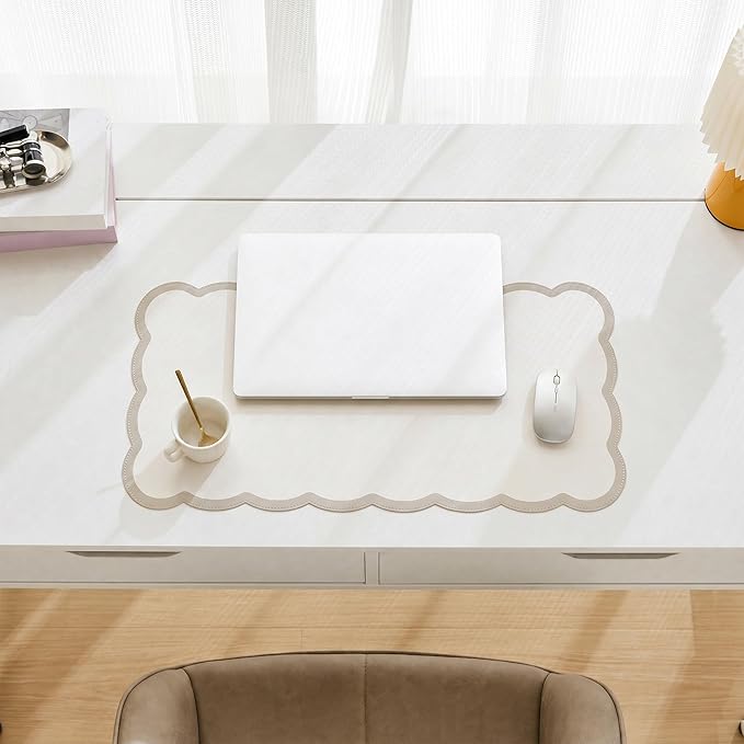 Scalloped Desk Mat, 23.6" x 11.8" Cute Small Beige Sand Aesthetic Desk - Image 3
