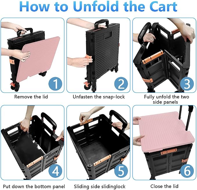 FELICON SELORSS Foldable Utility Cart Folding Portable Rolling Crate-Pink | - Image 4