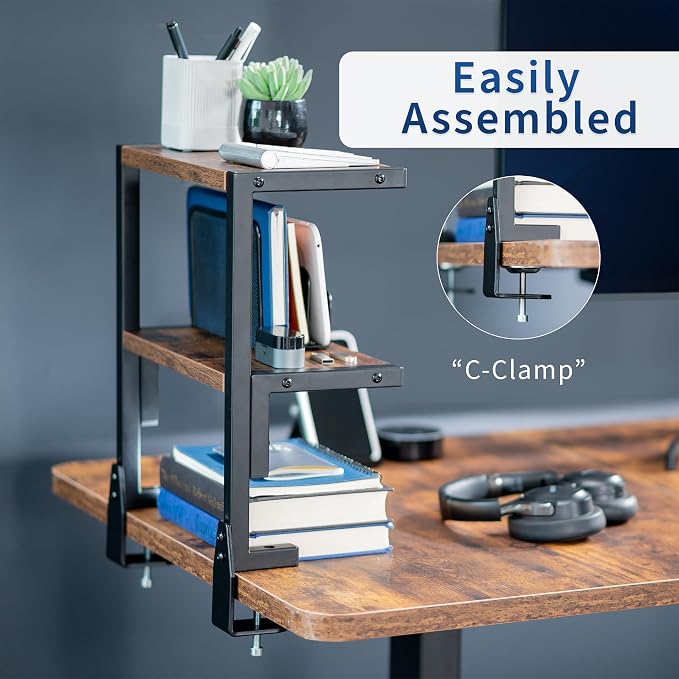VIVO Vintage Brown Clamp-on 13 inch 2-Tier Desk Shelf, STAND-SHELF2C-N | Above - Image 5