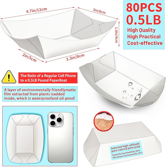 80 Pack 1/2Lb Paper Food Boat Trays Disposable Small Paper Boats Plates - Image 2