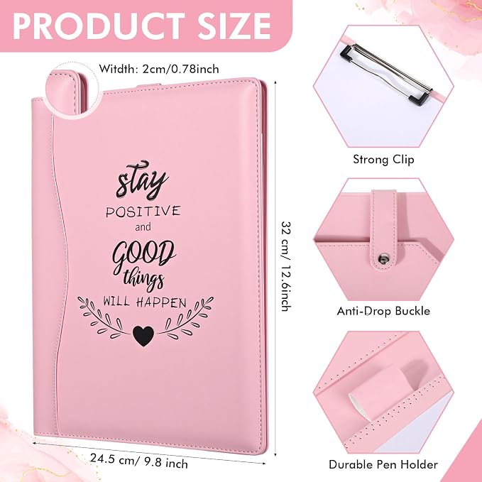 Marspark Pink Padfolio with Clipboard Folder Binder Pad Holder PU Leather - Image 2