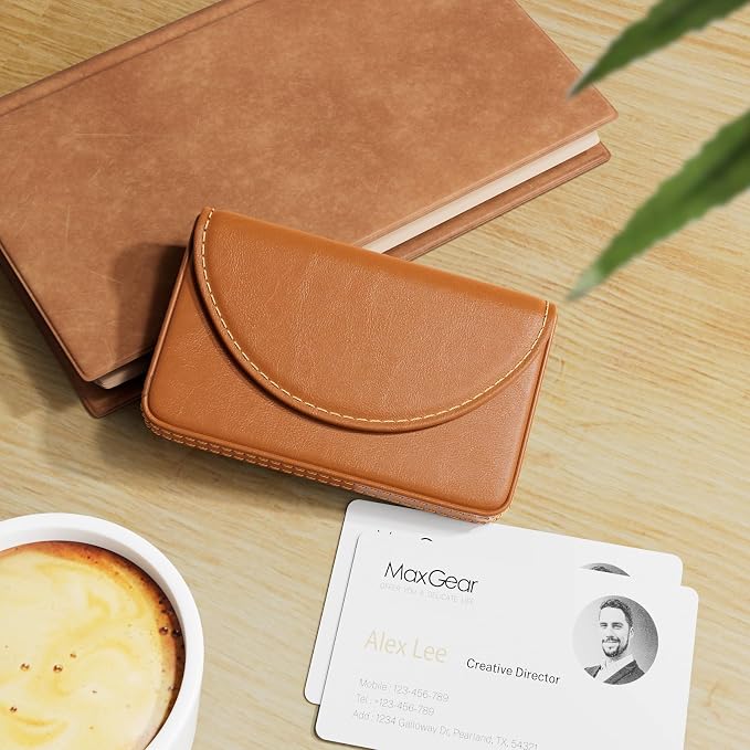 MaxGear Business Card Holder, PU Leather Business Card Case, Light Coffee | - Image 2