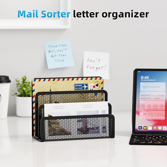 Marbrasse Mail Organizer for Desk, 3-Slot Mesh Metal Mail Holder countertop - Image 2