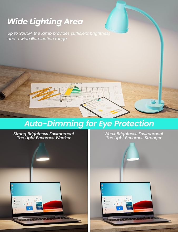 BOHON LED Desk Lamp with USB Charging Port, 3 Color Modes Dimmable, Teal | - Image 6