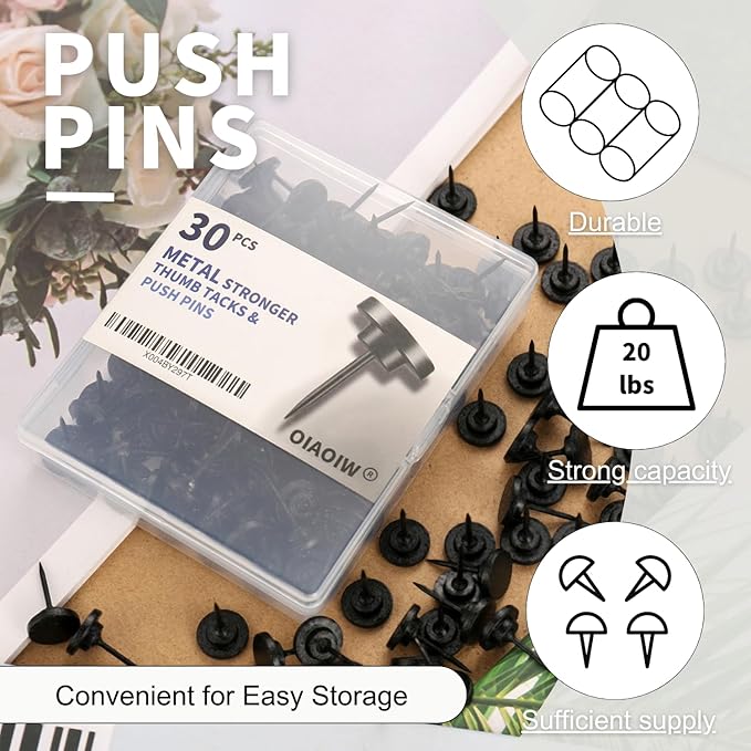 30 PCS Metal Black Push Pins for Wall Clear Thumb Tacks for Walls Flat - Image 3