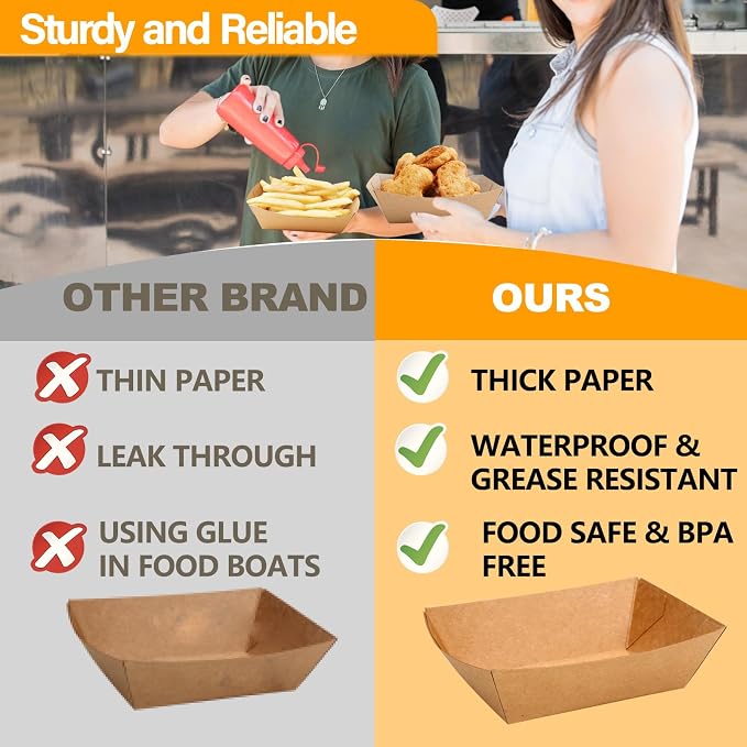 100 Pack 2lb Paper Food Trays, Kraft Paper Food Nacho Boat Disposable Take Out - Image 7