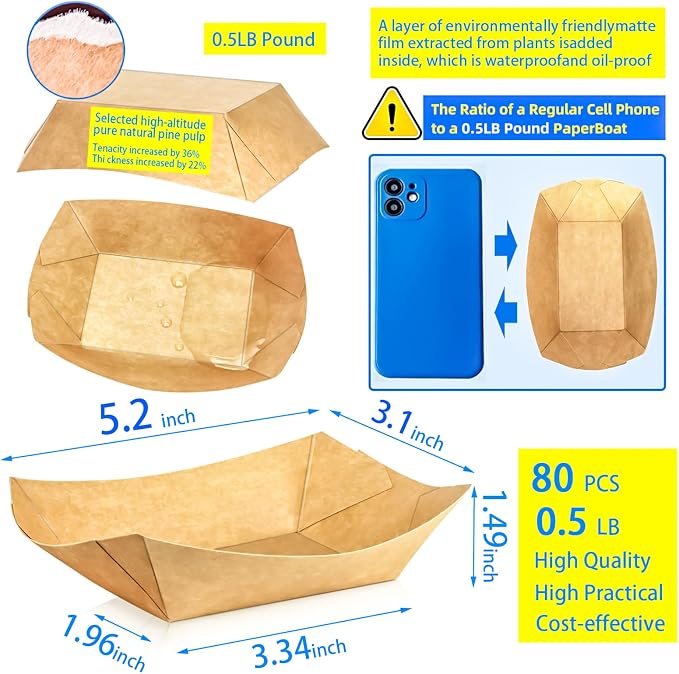80 Pack 1/2Lb Paper Food Boat Trays Disposable Small Paper Boats Plates - Image 2