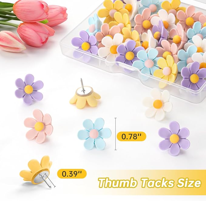 30Pcs Flower Pushpins, 5 Colors Cute Decorative Push Pins, Fun Resin Thumbtacks - Image 2