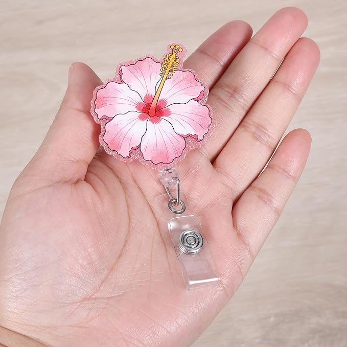 Pink Hibiscus Flower Funny Nurse Badge Reel, Cute Acrylic Floral Retractable ID - Image 4