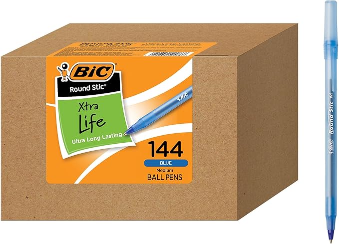 BIC Round Stic Xtra Life Blue Ballpoint Pens, Medium Point, Flexible Round by BIC
