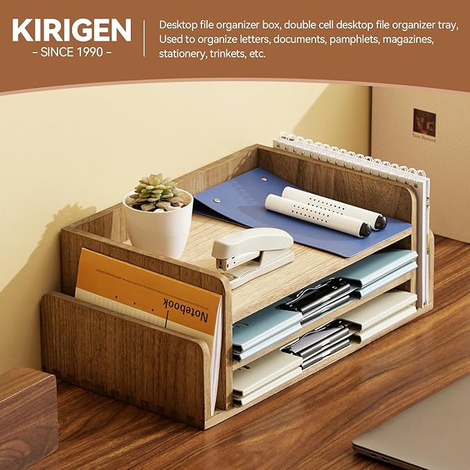 KIRIGEN Wood Desk Organizer 5 Trays, 3-Tier Desktop Document Letter Tray - Image 3