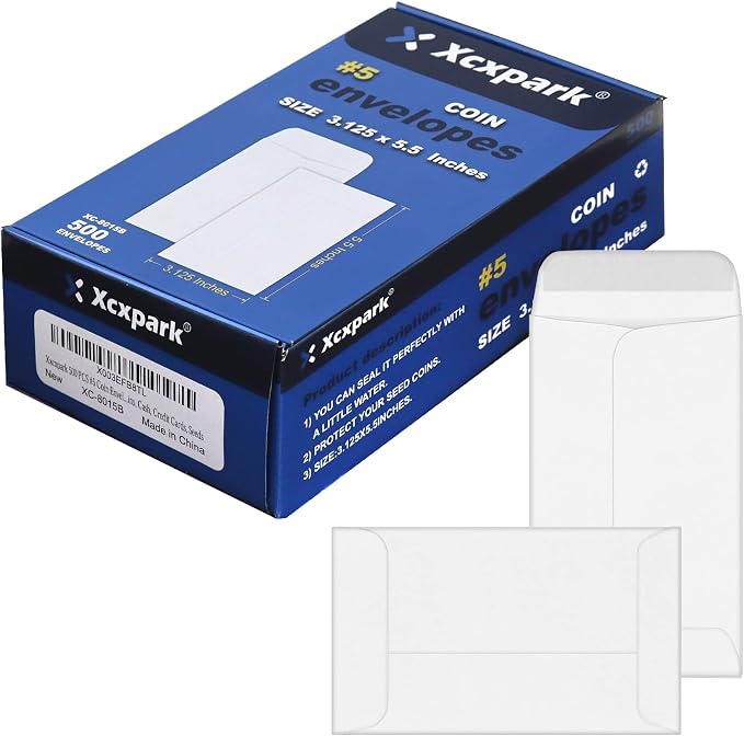 Xxcxpark 500 PCS #5 Coin Envelopes, 3.125 x 5.5 inches White Kraft Envelopes by Xxcxpark