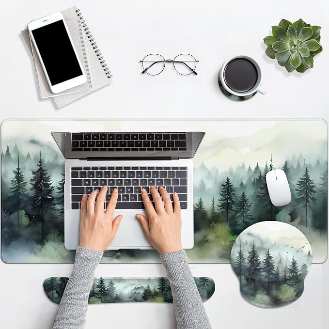 Britimes Green Ink Style Mountain Forest Keyboard Mouse Pad Set 4in1 Large - Image 6