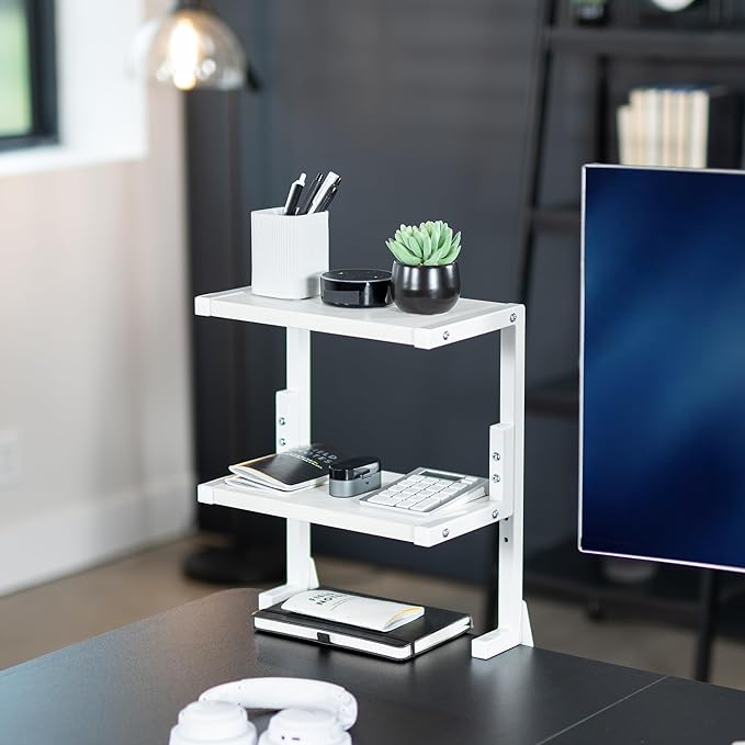 VIVO White Clamp-on 13 inch 2-Tier Desk Shelf, STAND-SHELF2CW | Above or Below - Image 2