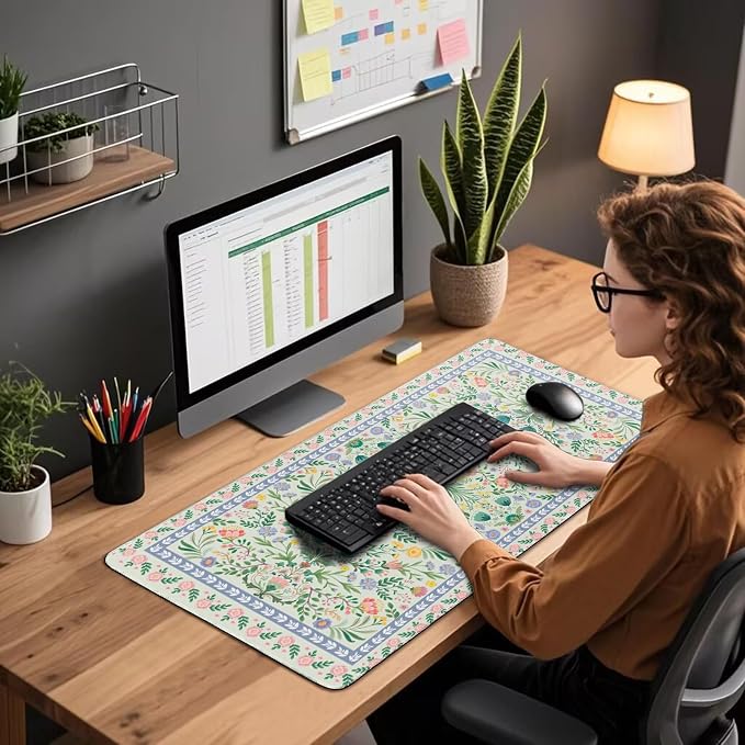 Green Floral Desk Mat, 31.5"x15.7" Large Mouse Pad, Anti-Slip Rubber Base - Image 5