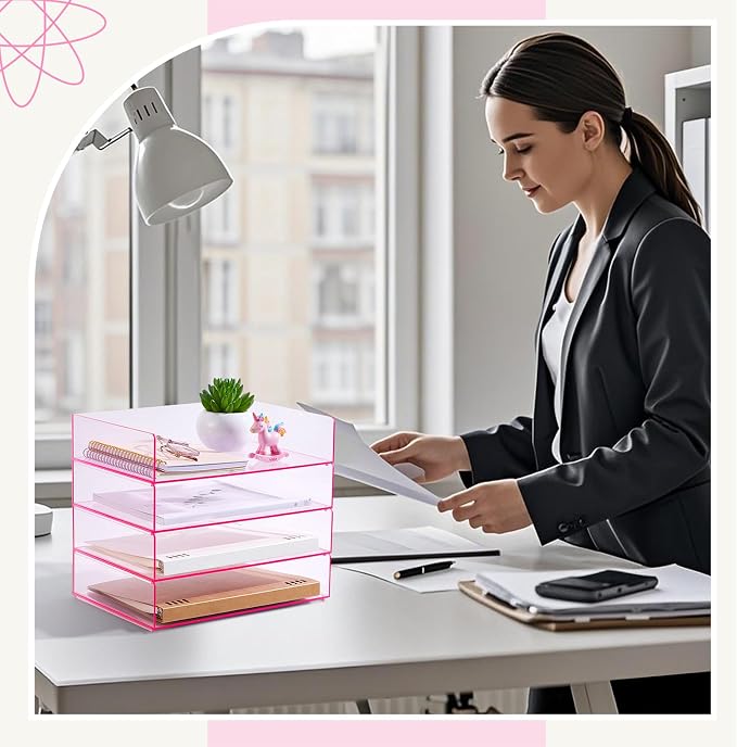 Harloon 4 Tier Paper Organizer Letter Tray Pink Acrylic Desk File Organizer - Image 7