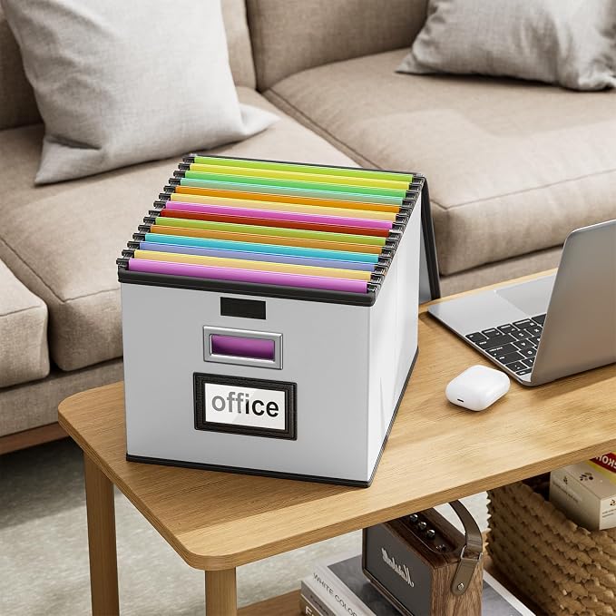 File Organizer Box with Lid, Collapsible Faux Leather Hanging File Folder Box - Image 9
