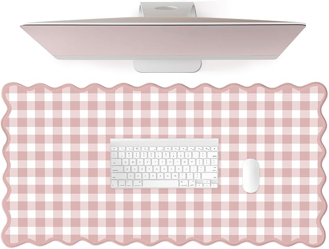 Scalloped‌ Pink Checkered Gingham Desk Mat Cute Pastel Large Mouse Pad Kawaii by Unknown
