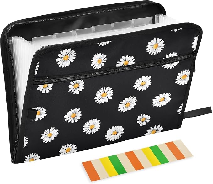 Expanding File Folder White Daisy Flower Black Accordion File Organizer 13 by ALAZA