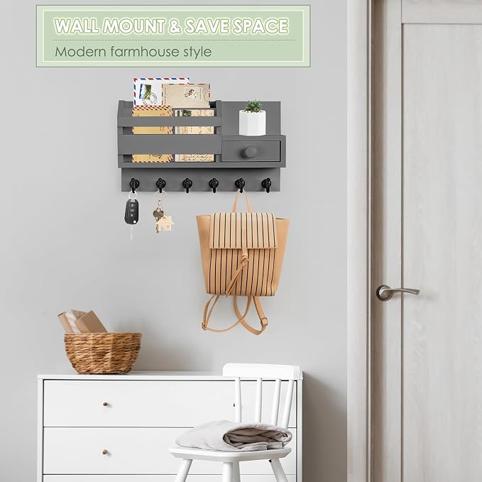 VIS'V Key Holder Wall Mount, Wooden Mail and Key Organizer, Small Shelf - Image 2