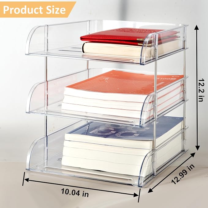 Desk Organizer and Storage, 3-Tier File Paper Tray Organizers, Stackable Clear - Image 7