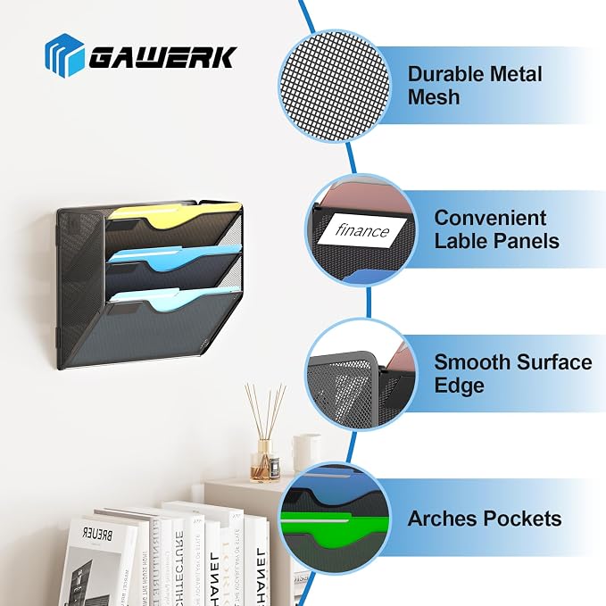 Gawerk 3 Tier Hanging Wall File Organizer, Mesh Mail Paper Orgnization Hanging - Image 3