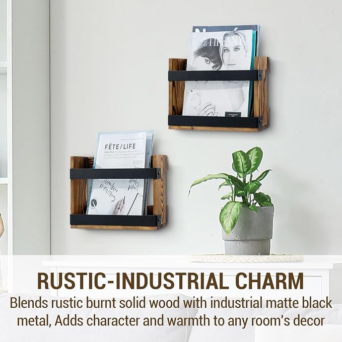 MyGift Set of 2 Rustic Burnt Wood and Matte Black Metal Wall-Mount Magazine - Image 2