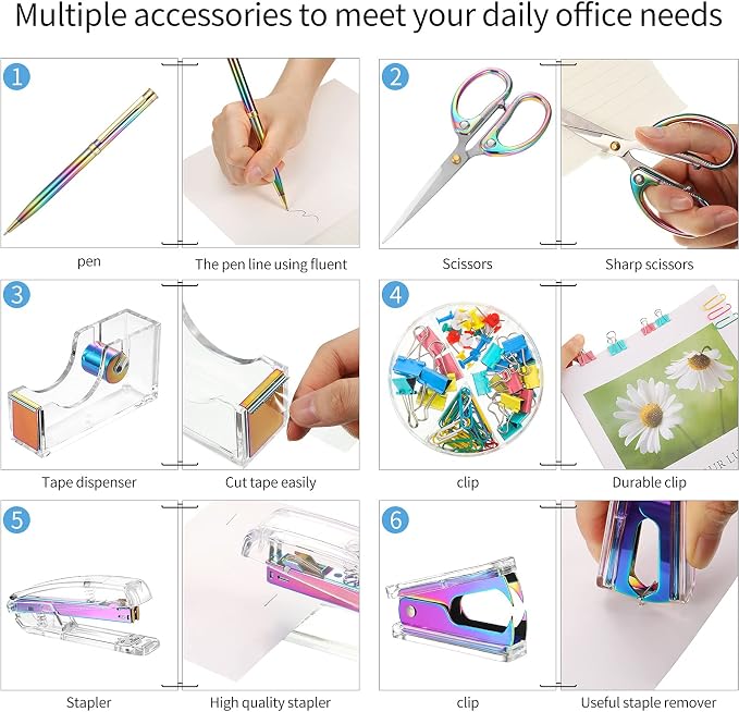 Office Supplies Set Desk Accessory Kit, Acrylic Stapler Set Staple Remover - Image 4