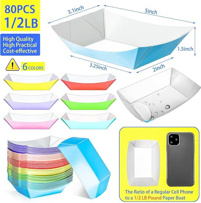 80 Pack Colorful 1/2Lb Paper Food Boat Trays Disposable Small Paper Boats - Image 2