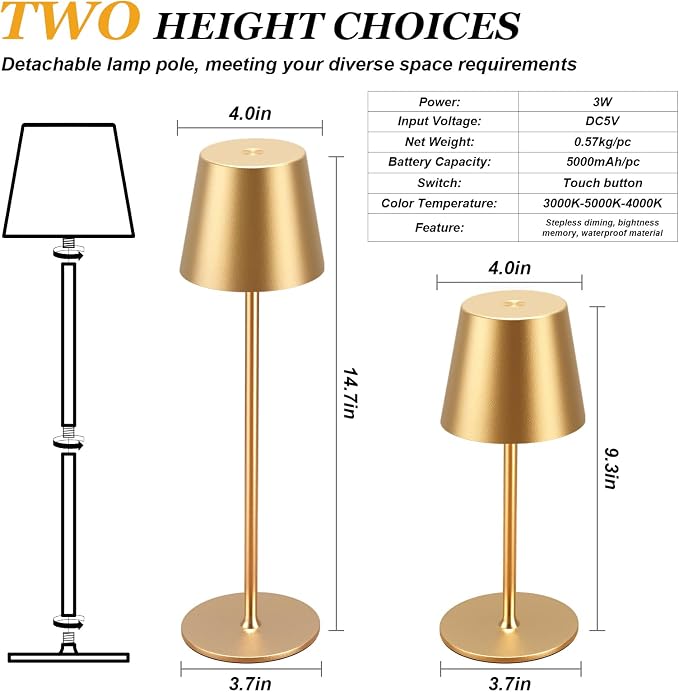 Kakanuo Cordless Table Lamp Rechargeable Gold - Image 4