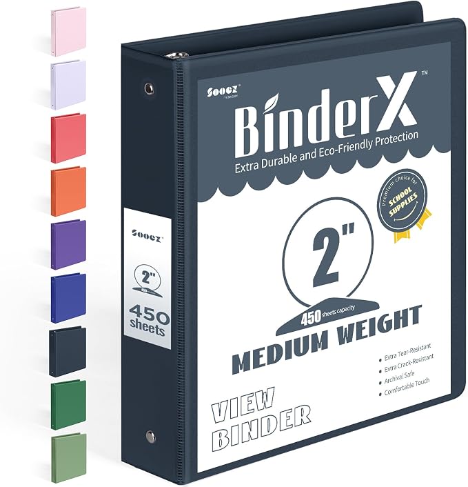 BinderX Extra Durable 3 Ring Binder, Round Rings 2 Inch Binder, Fits 450 Sheets by Sooez